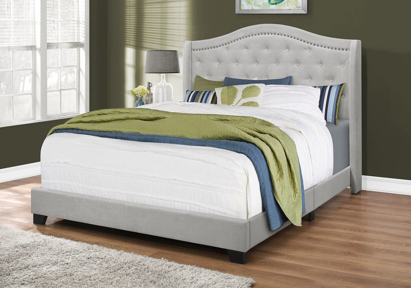 Penelope Upholstered Wingback Bed in Grey Velvet Fabric with Nailhead Design, Button Tufted - Queen Size
