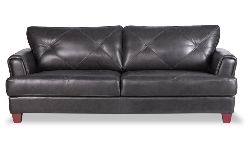 Chateau d’Ax Vita 87\" 100% Genuine Leather Sofa with Diamond Pattern Stitching and Wood Legs - Charcoal Grey