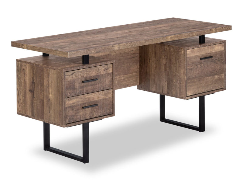 Teagan 60\" Reversible Office Desk with 3-Drawers - Brown
