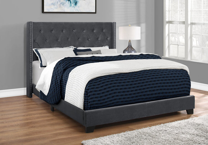 Portia Upholstered Wingback Bed in Dark Grey Velvet Fabric with Nailhead Design, Button Tufted - Queen Size