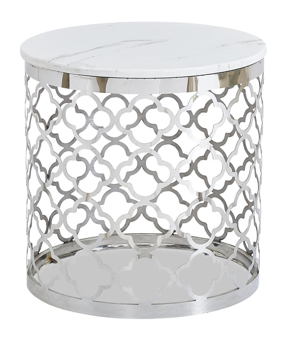 Belle 19.75\" Glam Round End Table - White Marble Top with Stainless Steel Base