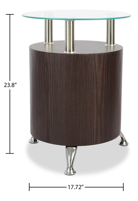 Savon  17.72\" Modern Round Glass Top End Table with Shelf - Dark Walnut Wood and Chrome 