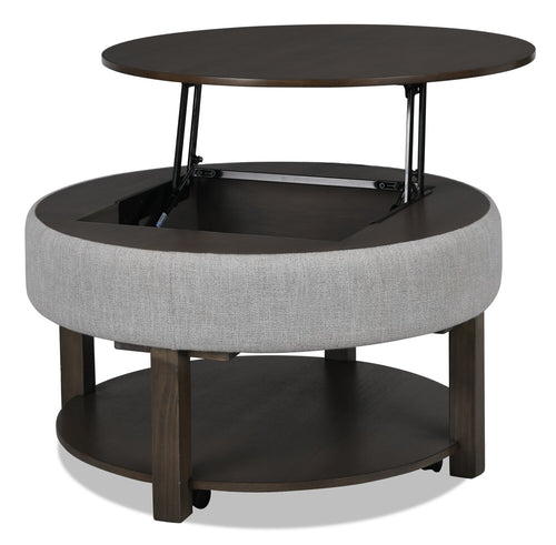 Elroy 33" Rustic Round Lift Top Coffee Table With Storage, Shelf and Casters - Brown and Grey with Fabric Edge