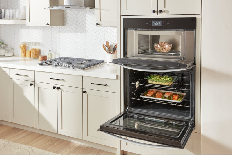 Whirlpool 30\" 5 Cu. Ft. Electric Combination Wall Oven with True Convection - Black Stainless Steel with PrintShield™ Finish - WOEC7030PV