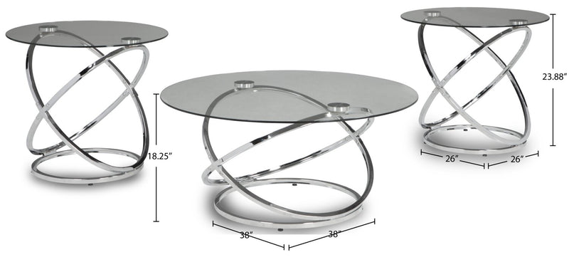 Hollynx 38\" Glam Round 3-Pack Coffee + 2 End Tables - Silver Metal Base with Glass Top
