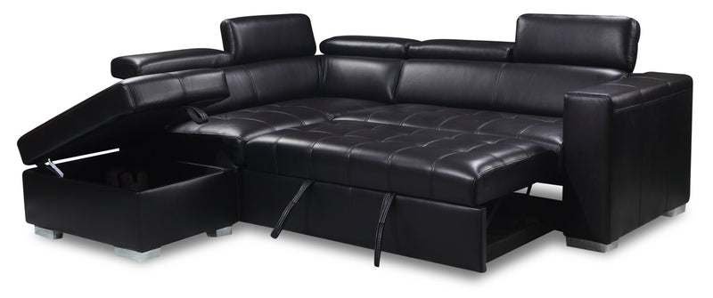 Drake 3-Piece Left-Facing Leather-Look Fabric Sleeper Sectional with Storage Ottoman - Black