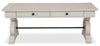 Bronwyn 50" Traditional Coffee Table with Storage - Alabaster Pine with Scroll Design Wood Base|Table à café traditionnelle Bronwyn de 50 po avec rangement - pin albâtre avec base en bois à volutes