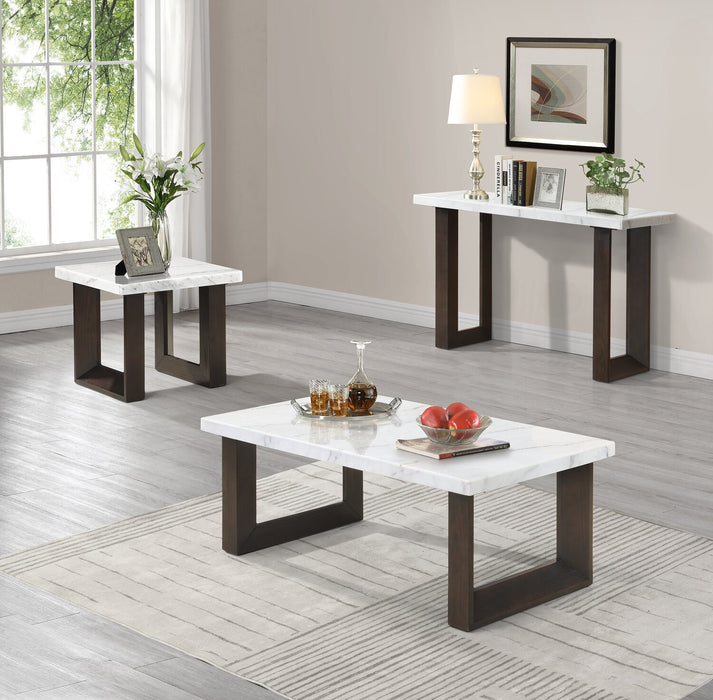 Silvia 48\" Modern Sofa Table - White and Grey Marble Look with Brown Wood Legs
