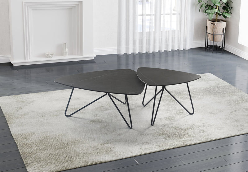 Hamilton 29.72\" Modern Triangular End Table - Grey Marble Look Top with Black Metal Legs