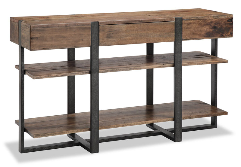 Manchester 54\" Modern Sofa Table with Storage and Shelf - Brown Wood with Iron Base