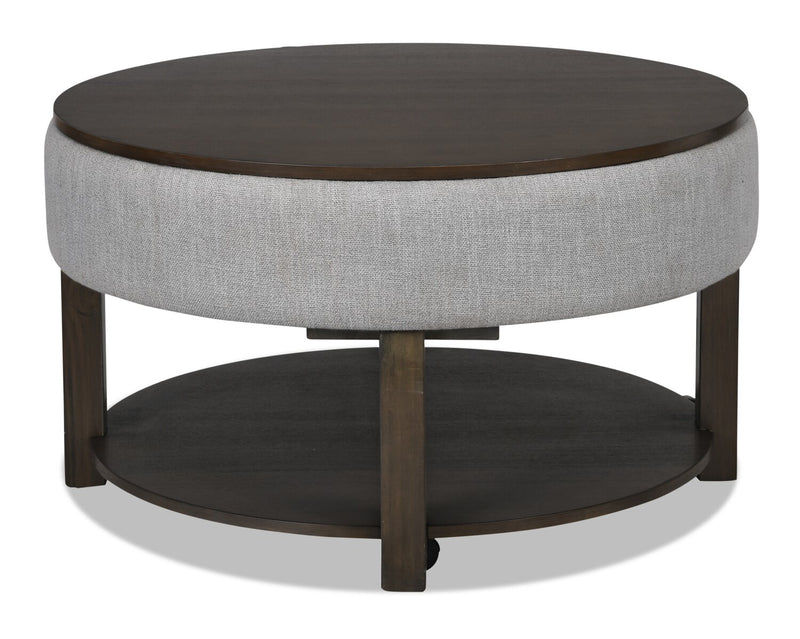 Elroy 33\" Rustic Round Lift Top Coffee Table With Storage, Shelf and Casters - Brown and Grey with Fabric Edge