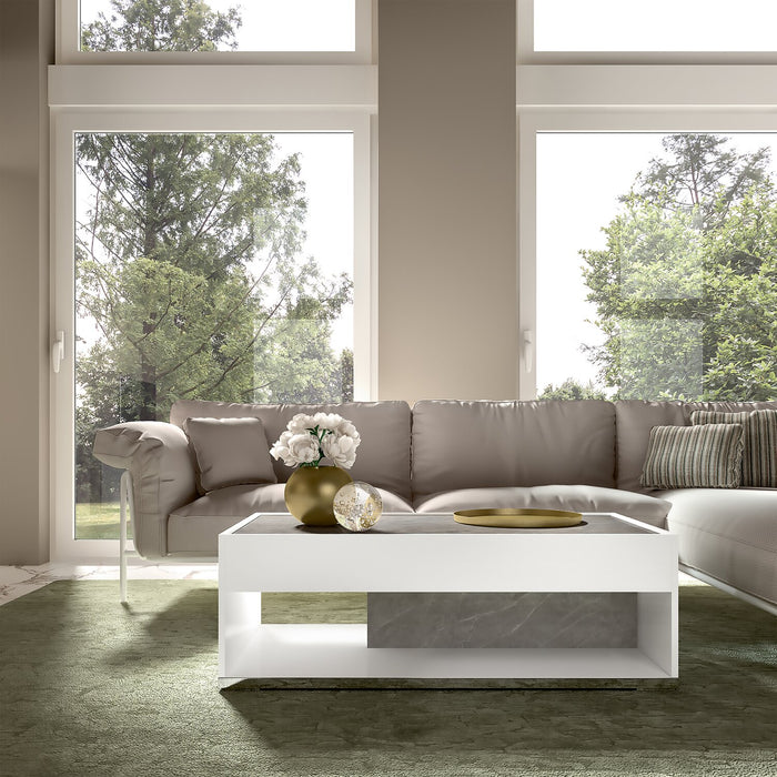 Marla 47.25\" Modern Coffee Table with Shelf - White and Grey with Marble Look