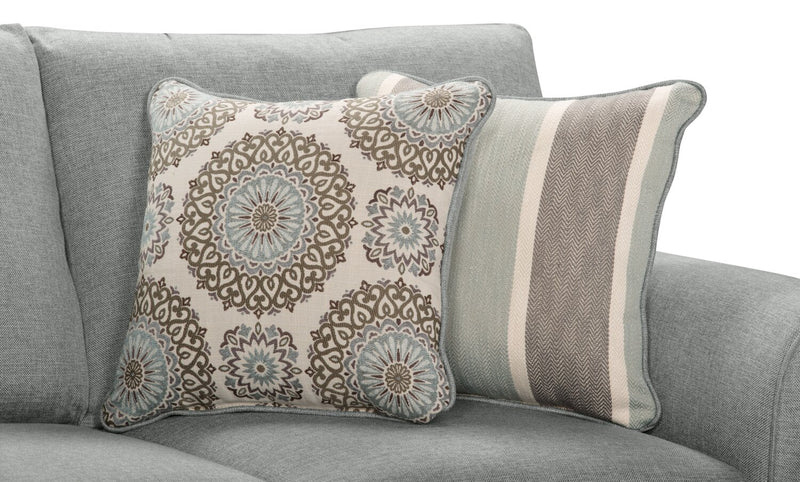 Made in Canada Tula 88\" Fabric Sofa with Rolled Arms and Accent Pillows - Mist Grey 