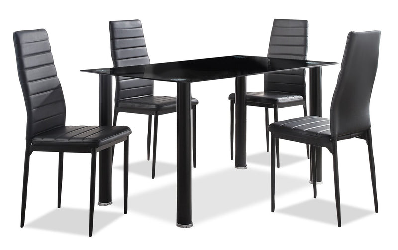 Onyx 5pc Dining Set with Table & 4 Chairs, Glass Top, Metal, 55\"W - Black
