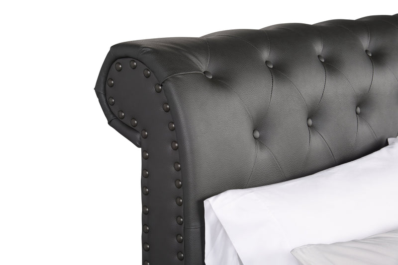 Tulsa Upholstered Platform Bed in Grey Vegan-Leather Fabric, Button Tufted - Queen Size