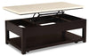 Sicily 48\" Modern Lift Top Coffee Table With Storage, Shelf and Casters - Dark Brown Base with Beige Marble Look Top