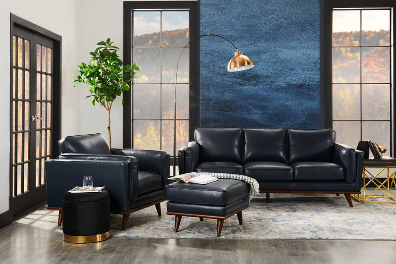 Vivia 28\" Genuine Leather Ottoman with Wood Base - Navy Blue