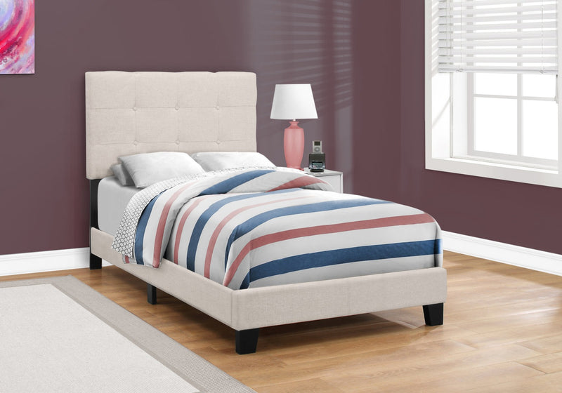 Tara Upholstered Bed in Beige Linen-Look Fabric, Button Tufted - Twin Size