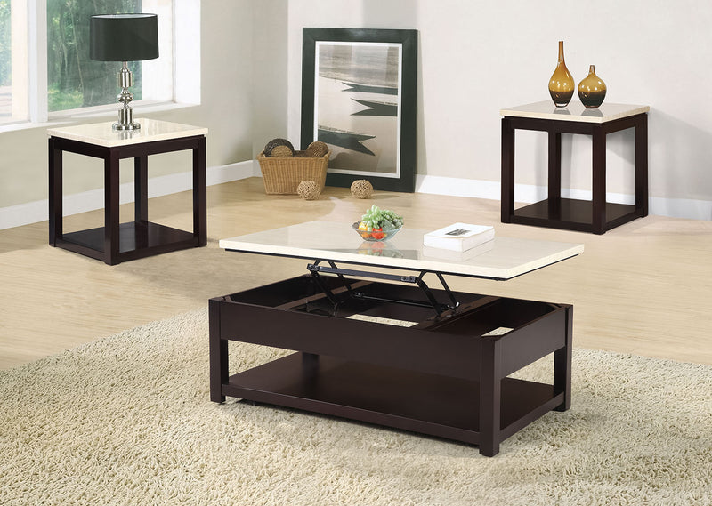 Sicily 22\" Modern End Table with Shelf - Dark Brown Base with Beige Marble Look Top